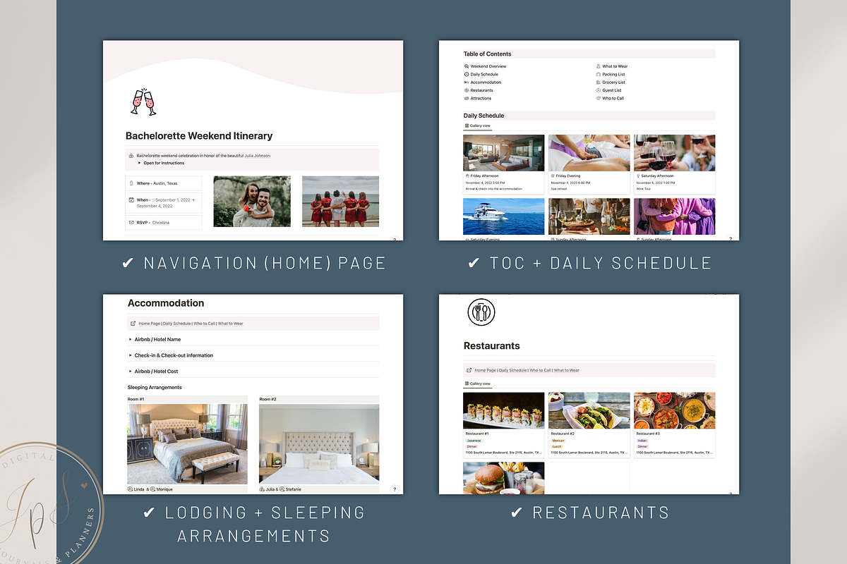 Bachelorette Itinerary in Notion, an App Template by Designs by Darowan (Photo 4 of 10)