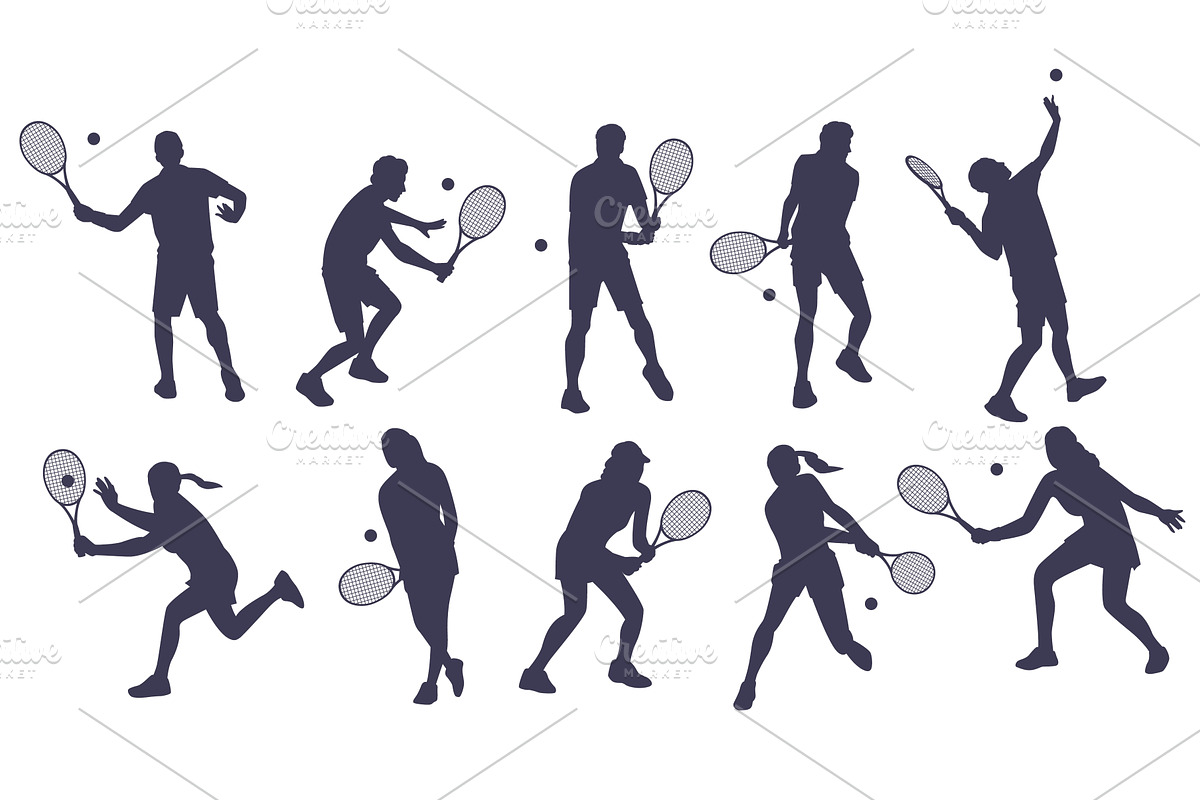Set silhouettes of tennis players, a Sport Illustration by YummyBuum