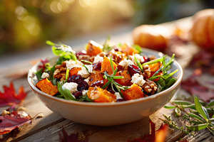 Colorful quinoa bowl with roasted sweet potatoes and avocado, a Food & Drink Photo by AlyaAnd