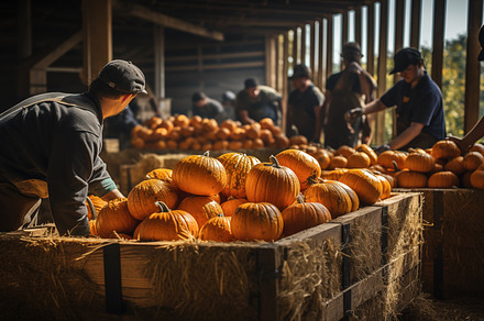 A bustling pumpkin farm with workers sorting and arranging pumpkins in wooden c, a Food & Drink Photo by Textures & Backgrounds