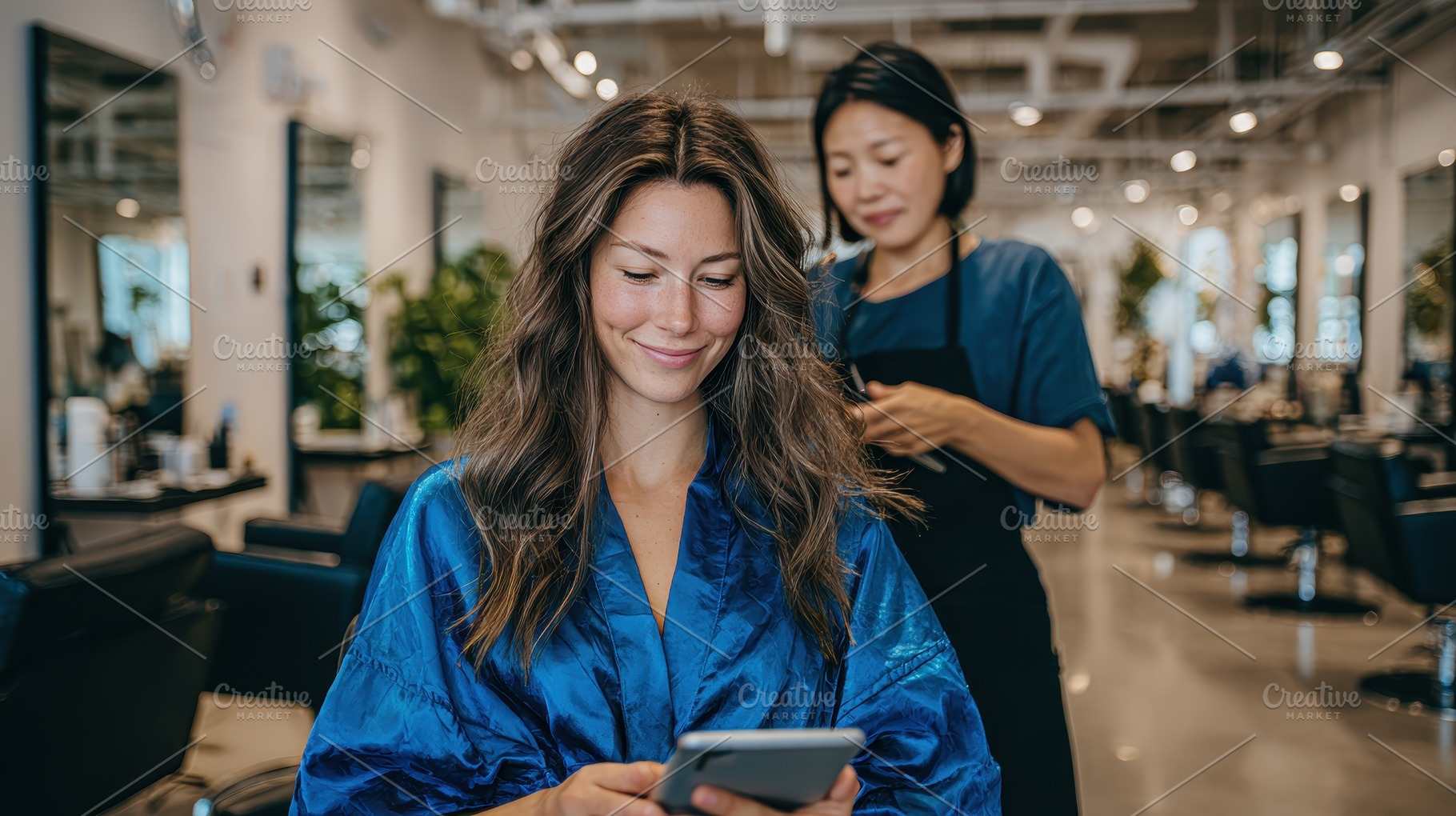 Woman using phone at hair salon happ, a Photo by Pixeness Studio