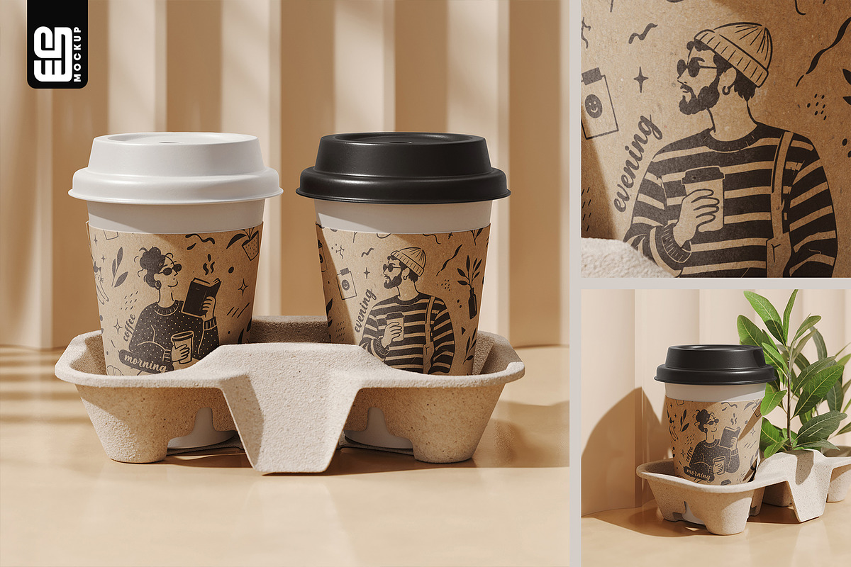Paper Coffee Cups in Carrier Mockup, an Advertising Mockup by SD Mockup (Photo 1 of 4)