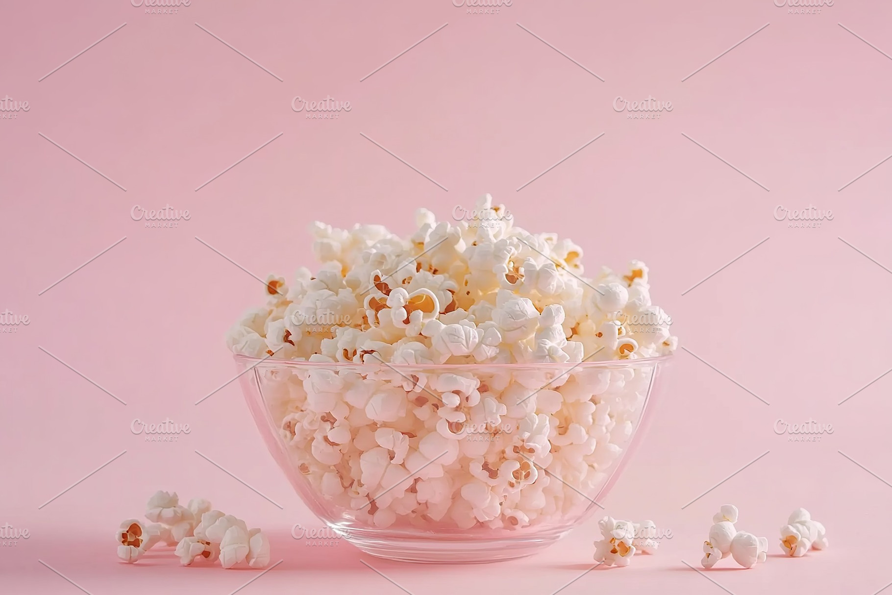 Bowl filled with fluffy hot popcorn against a soft pink background, a Food & Drink Photo by AlyaAnd