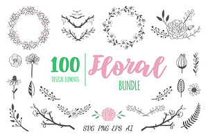 Boho floral line art hand drawn set