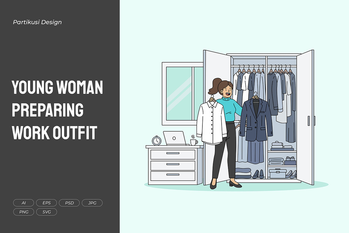 Young Woman Preparing Work Outfit, a Work Illustration by Partikusi Design (Photo 1 of 3)