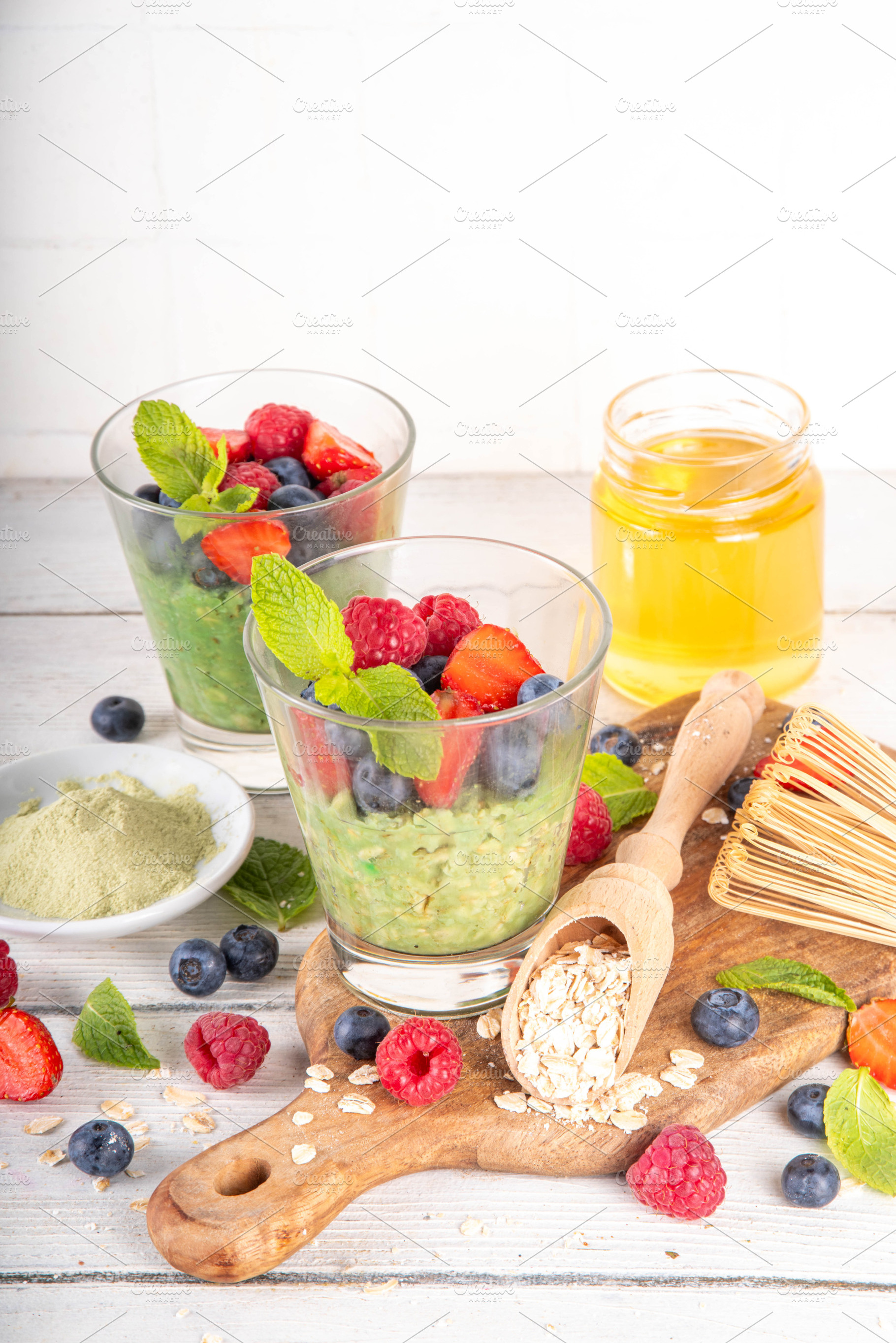 Overnight matcha oatmeal with fresh berries, a Food & Drink Photo by Rimma