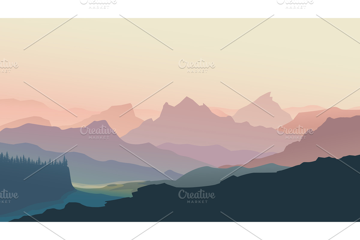 a pastel colors mountains at sunrise, an Illustration by IfH