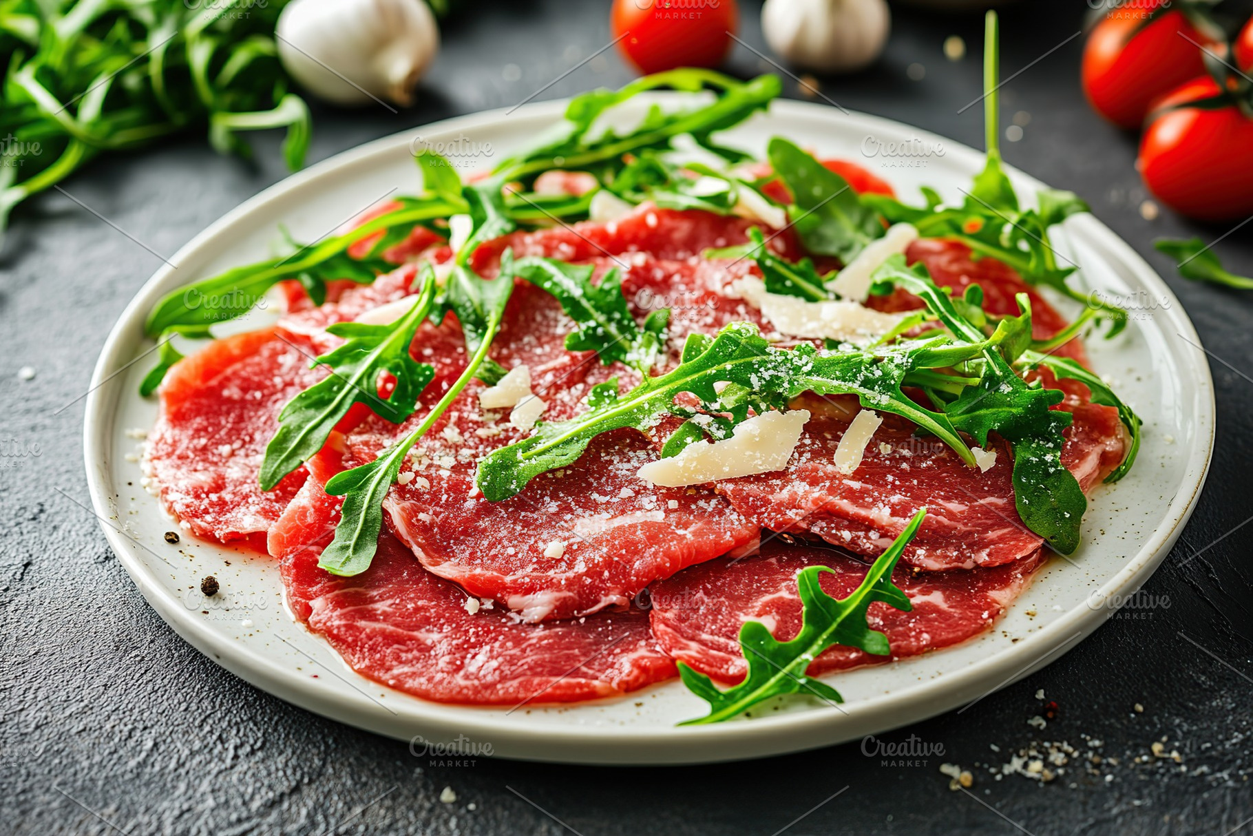 Beef carpaccio with fresh arugula served elegantly on a plate with garnishes, a Food & Drink Photo by AlyaAnd