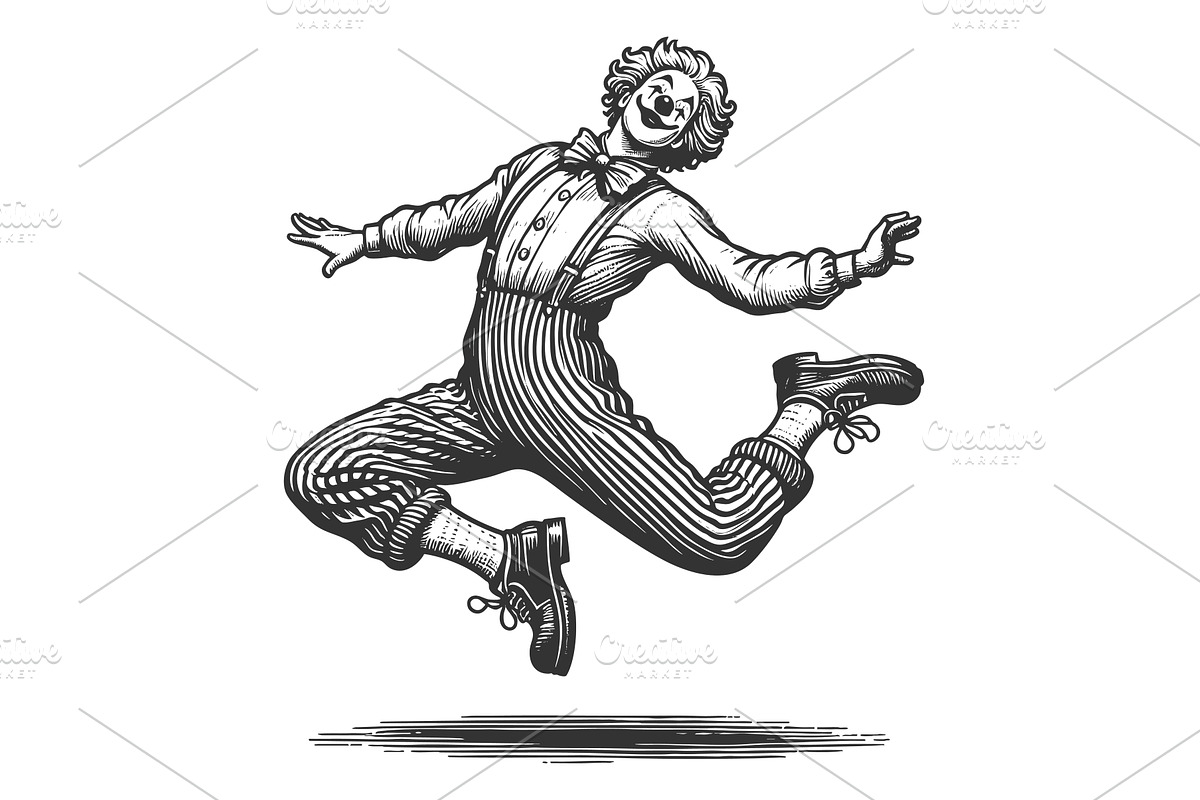 Clown Jumping with Joy engraving, a Person Illustration by AlexArt