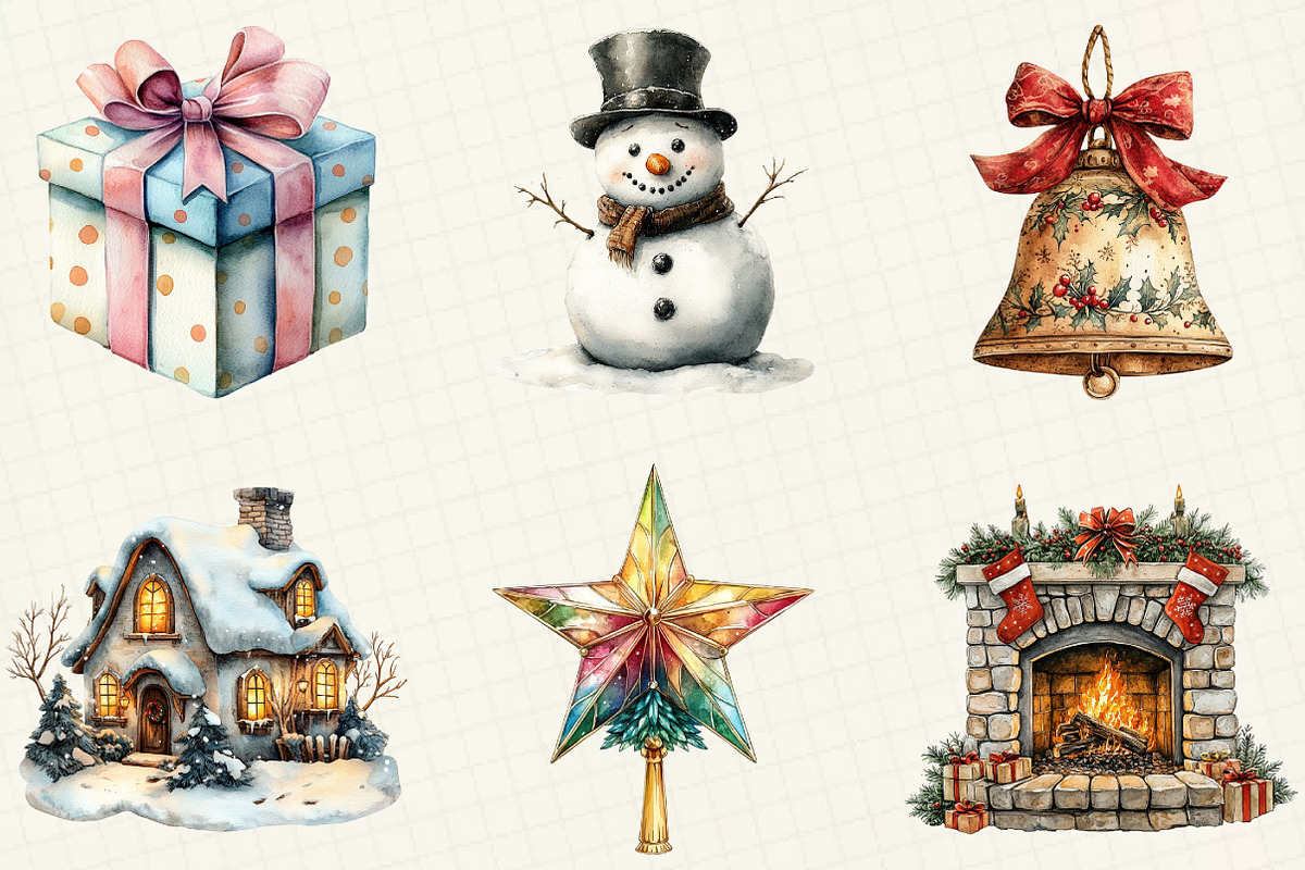 Retro Christmas Watercolor Clipart, an Illustration by OK Design (Photo 4 of 5)