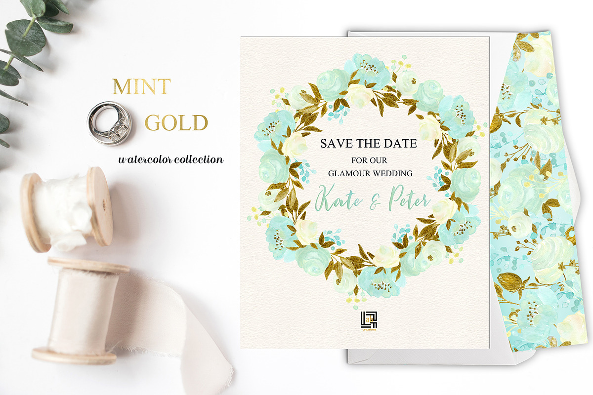Mint and Gold. Watercolor flowers, an Illustration by LABFcreations (Photo 7 of 7)