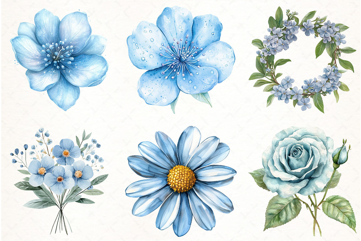 Pale blue flowers watercolor clipart, an Illustration by Watercolor design (Photo 2 of 4)