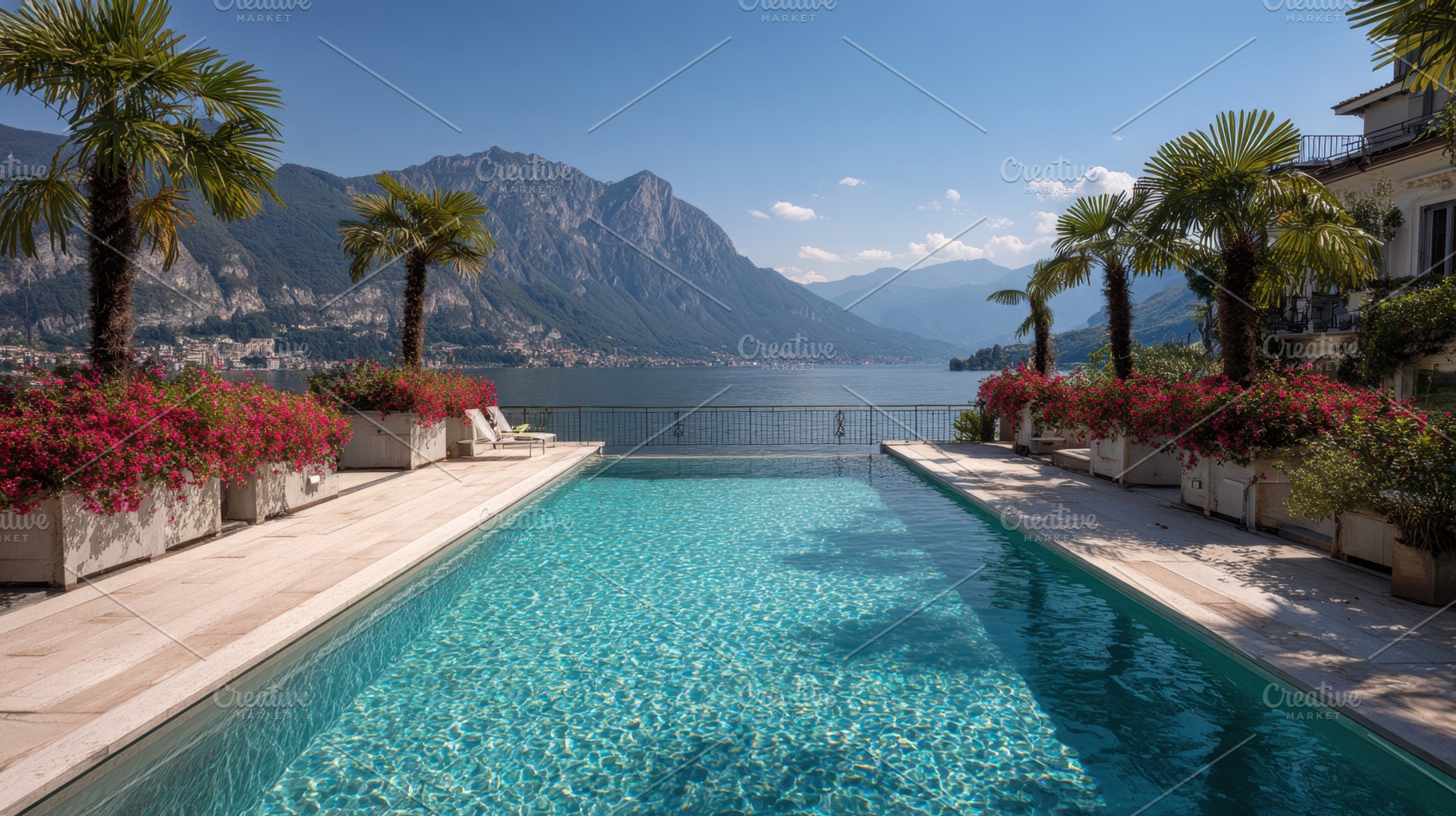 Pool view near lake with mountains, a Photo by Beautiful things