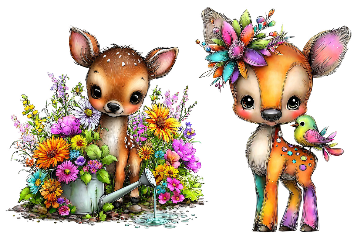 Cute Deer Spring Clipart Bundle, an Illustration by Designworld (Photo 3 of 8)