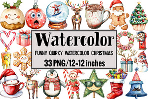 Funny Quirky Watercolor Christmas, an Illustration by Design Market