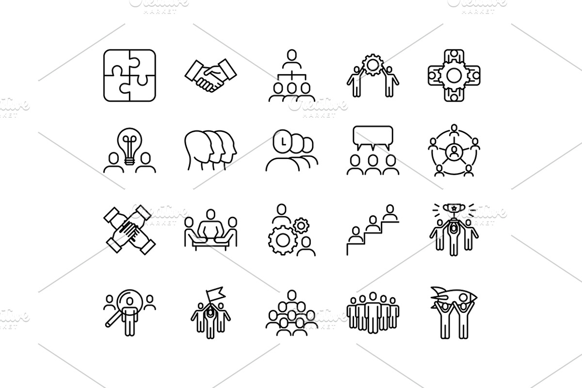 Teamwork Signs Icons Set. Vector, an Outline Icon by Bigmouse_art