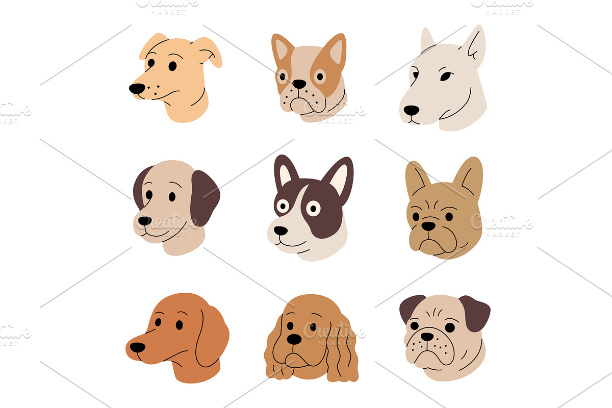 Cartoon dog heads set. Line art, an Animal Illustration by GraphiShop