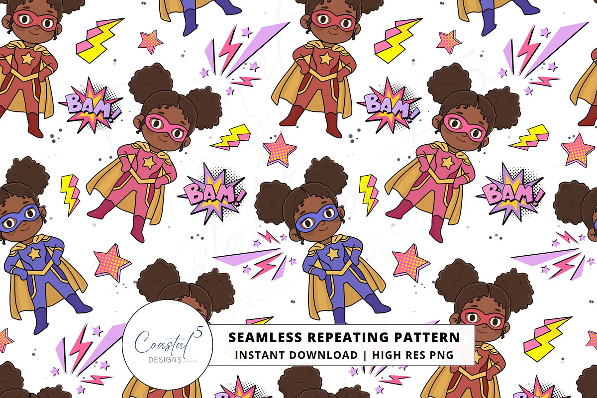 Black Girl Superhero Seamless, a Pattern Graphic by Coastal 5 Designs (Photo 1 of 3)