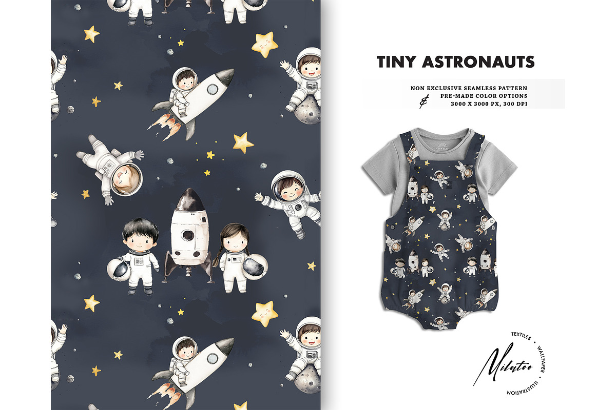 Little astronauts seamless pattern, a Pattern Graphic by Milatoo (Photo 2 of 7)