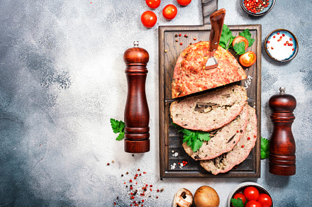 Traditional Meatloaf with mashrooms, baked pork beef minced meat, a Food & Drink Photo by 5PH