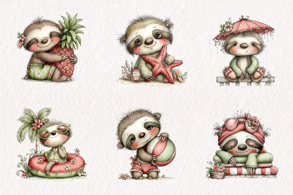 Whimsical Summer Lazy Sloth Clipart, an Illustration by CreationArt (Photo 5 of 7)