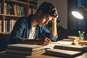 Stressed young man studying at night in library, a Person Photo by DanFLCreativo