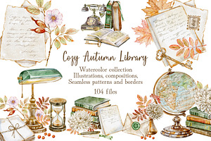 Cozy Autumn Library Watercolor