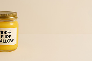 Jar of pure tallow with label on bei, a Photo by Dvoevnore photos