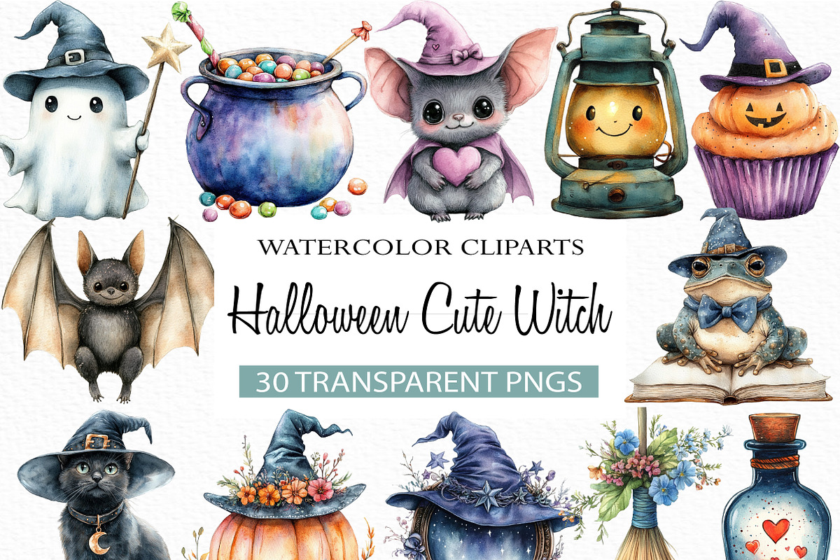 Halloween Cute Witch Clipart Bundle, an Illustration by Craft Nest (Photo 1 of 6)