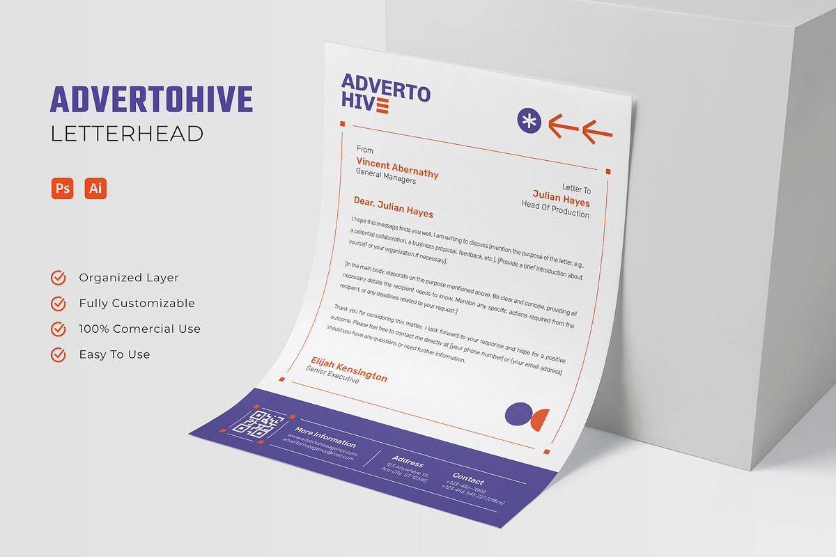 Advertohive Agency - Letterhead, a Print Template by Esensifiksi.studio (Photo 1 of 3)