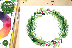 Watercolor Christmas Set, Wreath