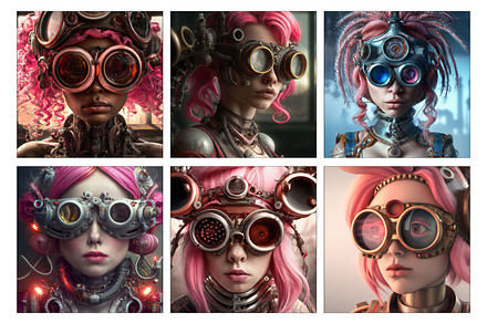 Pink Hair Steampunk Ladies, Girls