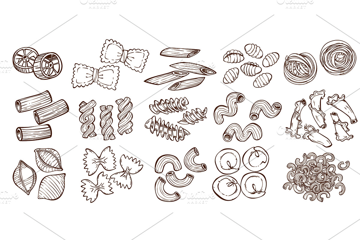 Doodle pasta set of different shapes, a Food Illustration by art PVP - market