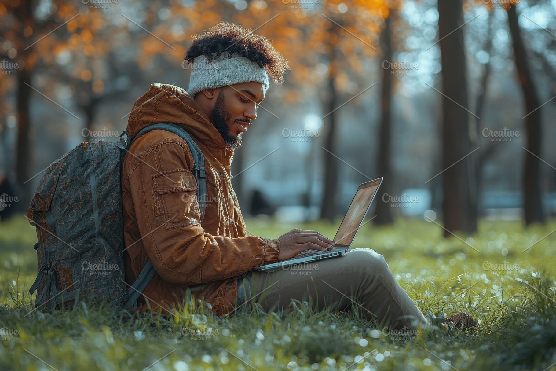 Young man working on laptop in a sun, a Photo by Tanuart