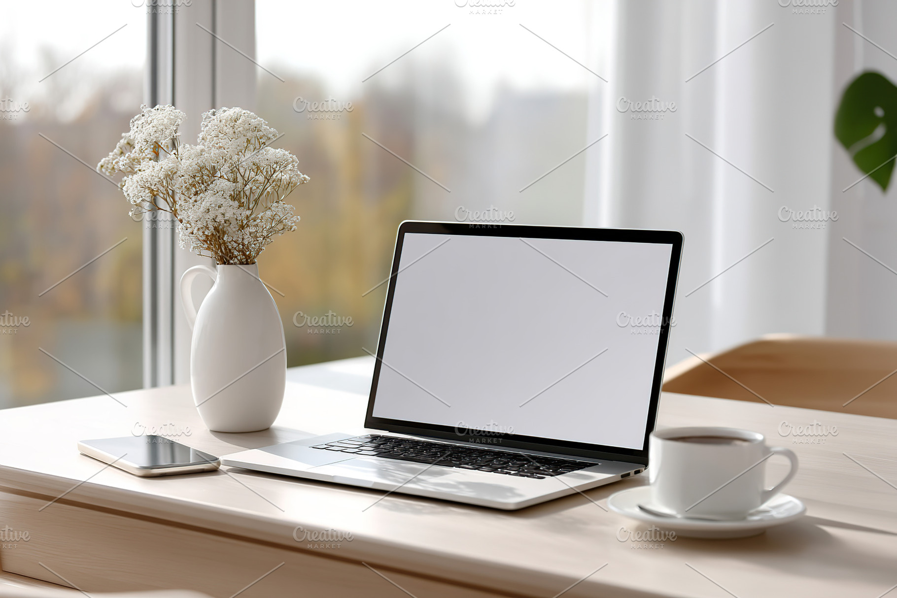 Modern home office setup with laptop, coffee, and decorative flowers by the win, a Business Photo by AlyaAnd