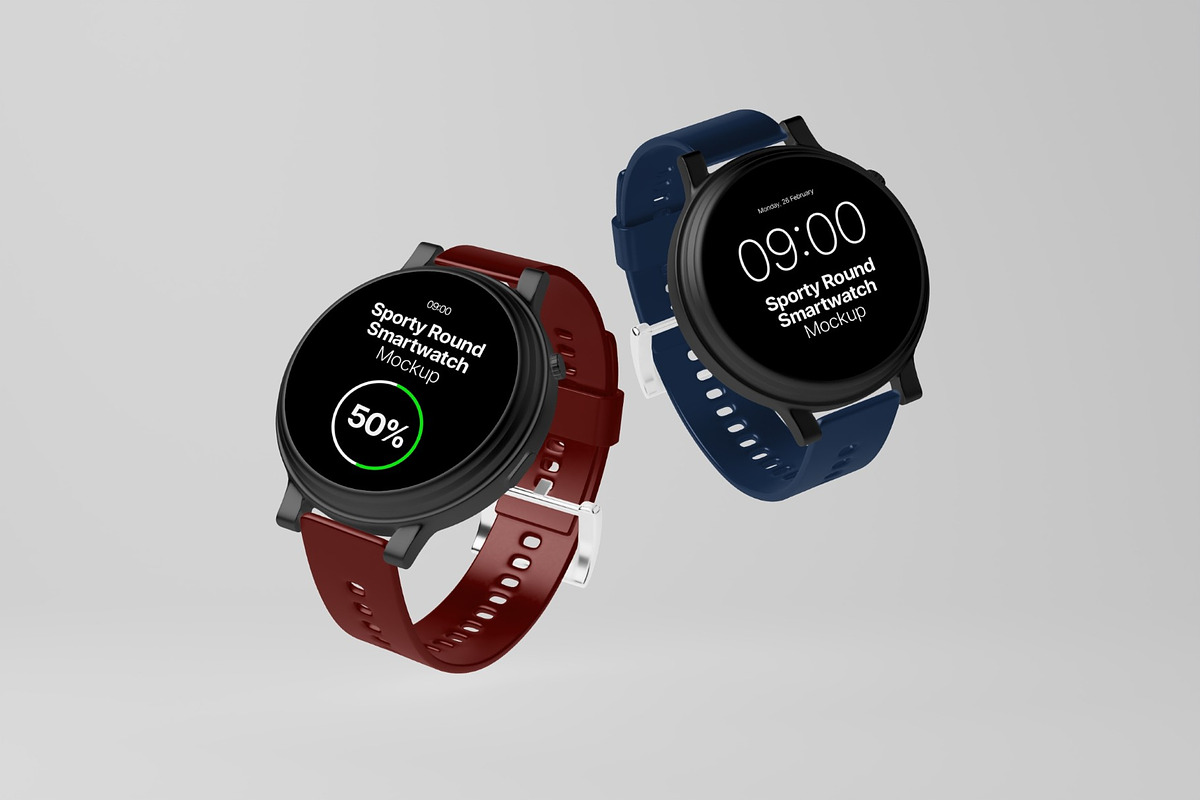Sporty Round Smart Watch Mockup, a Wearable Device Mockup by graphicook (Photo 2 of 4)