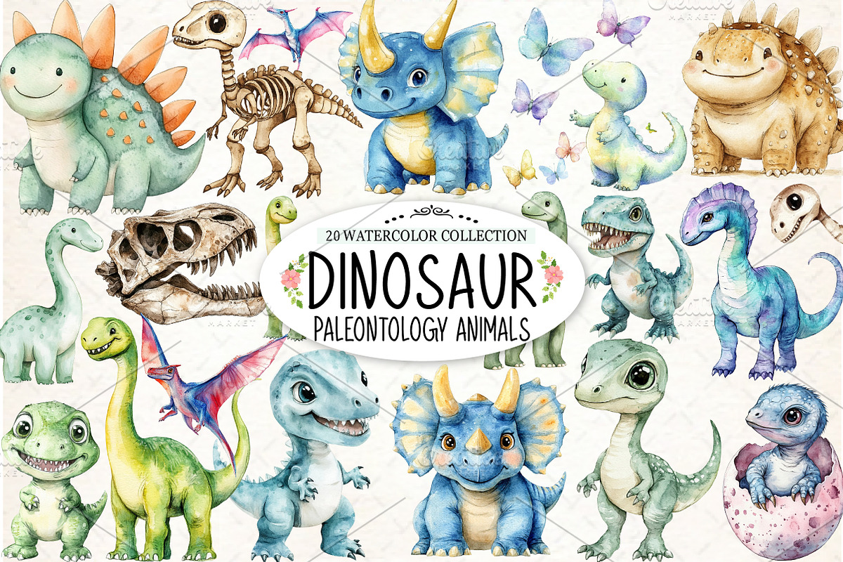 Watercolor Paleontology Dinosaur, an Illustration by Watercolor design (Photo 1 of 4)