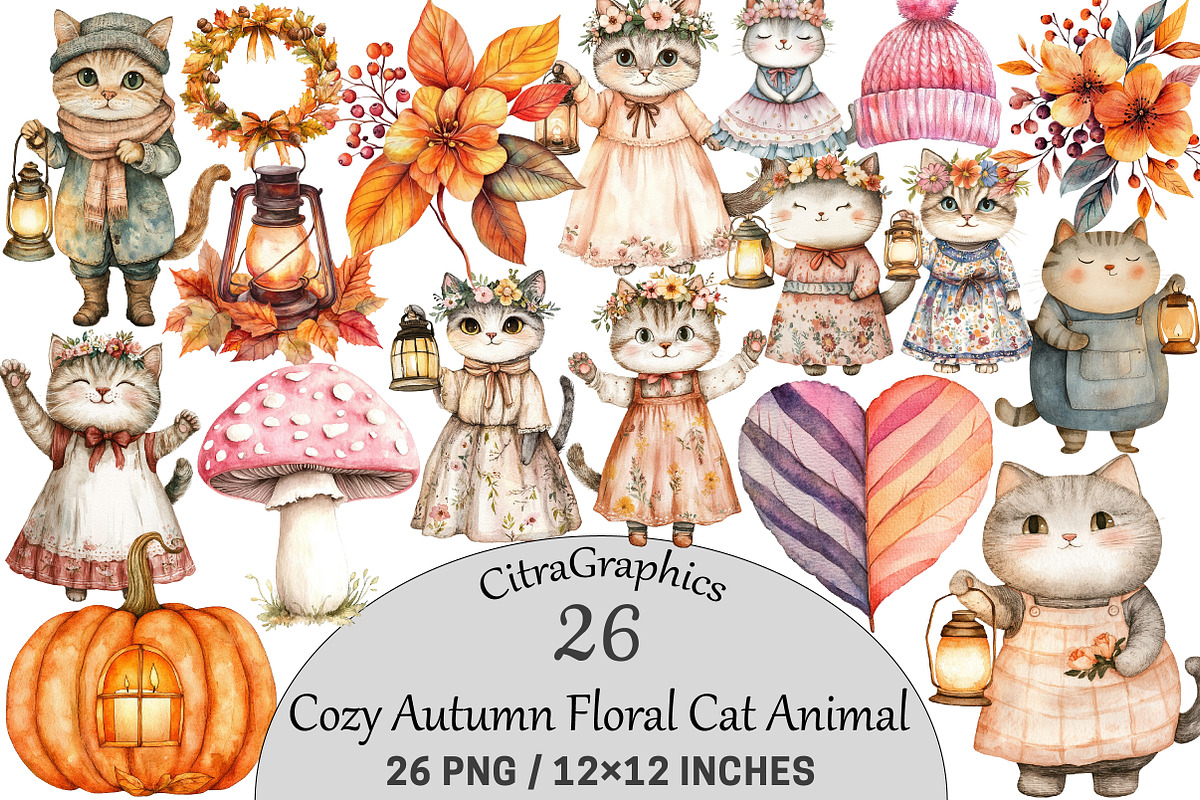 Cozy Autumn Floral Cat Animal, an Illustration by CitraGraphics (Photo 1 of 5)