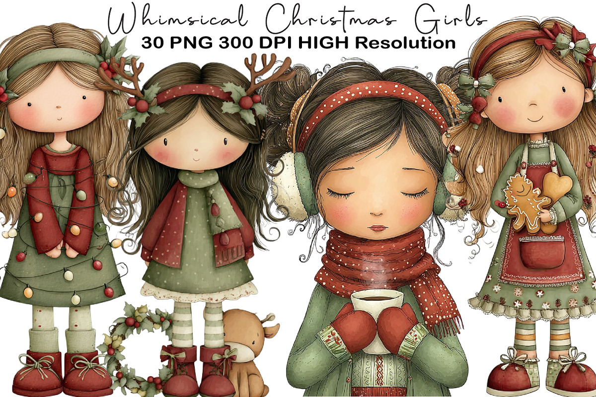Whimsical Christmas Girls Clipart, an Illustration by Black Bird Studio (Photo 1 of 6)