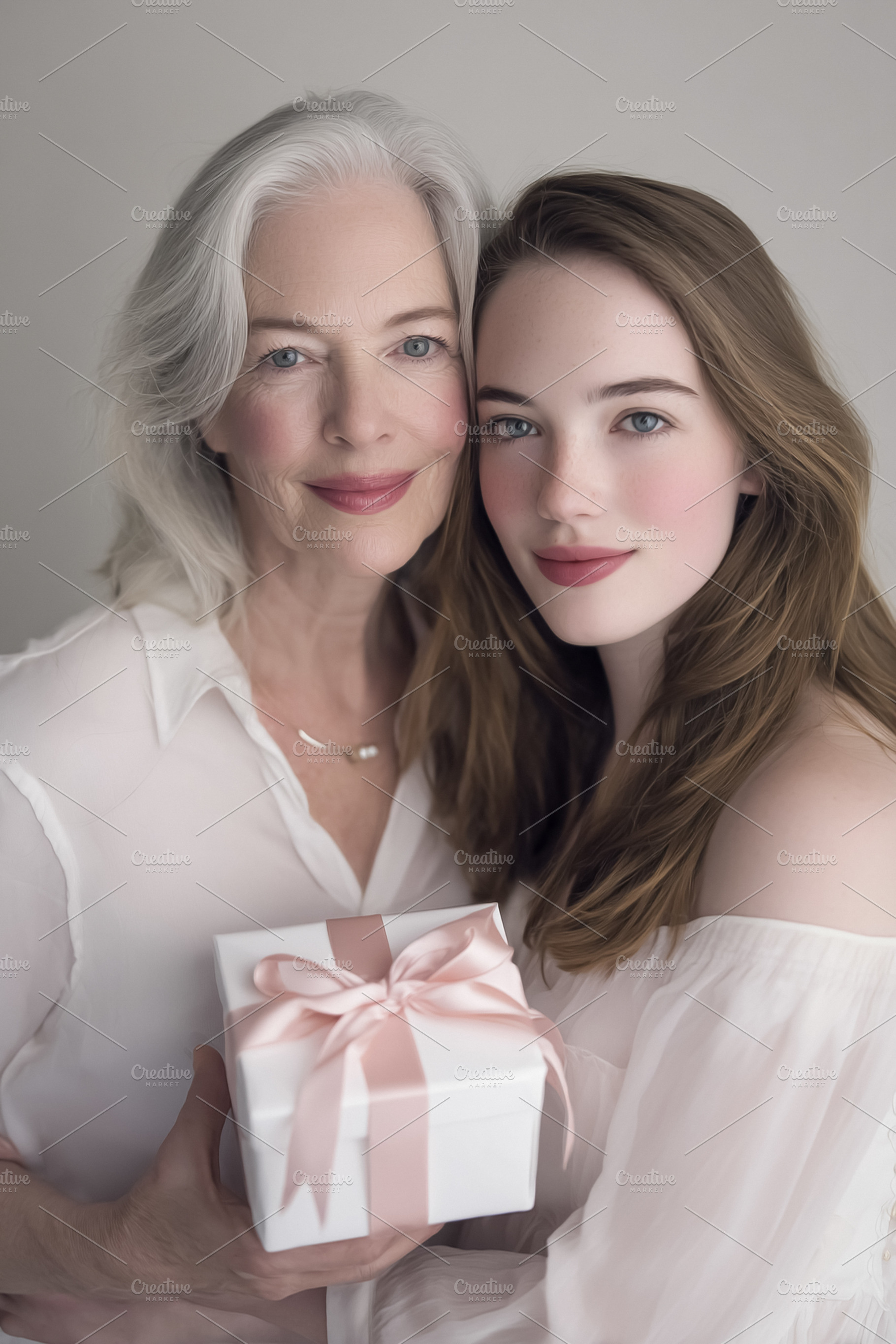 Mother and adult daughter hugging, holding a pink ribbon gift, s, a Photo by Studio ANNA