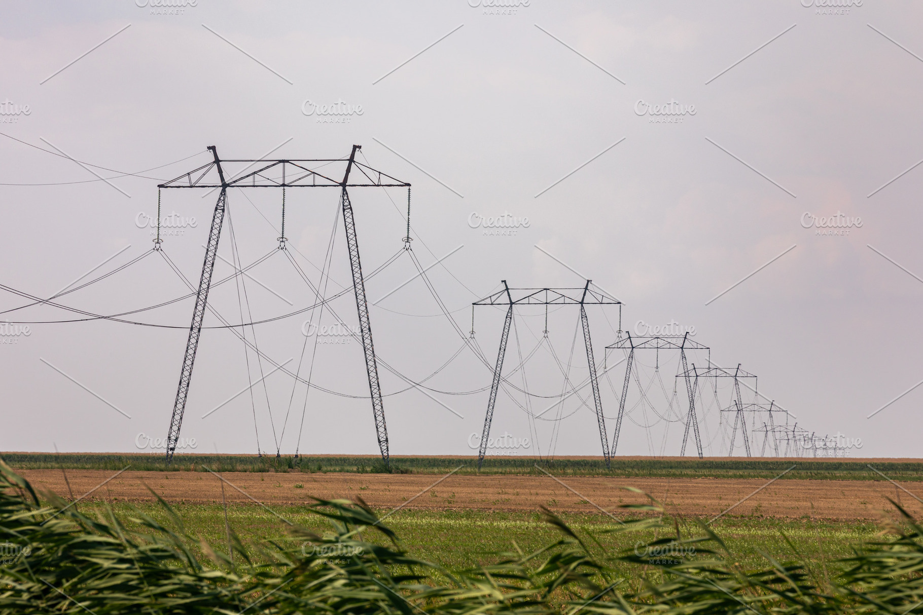 Row of high voltage power lines stretching across an open rural landscape under, a Technology Photo by Ales Munt