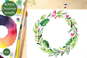 Watercolor Christmas Set, Wreath