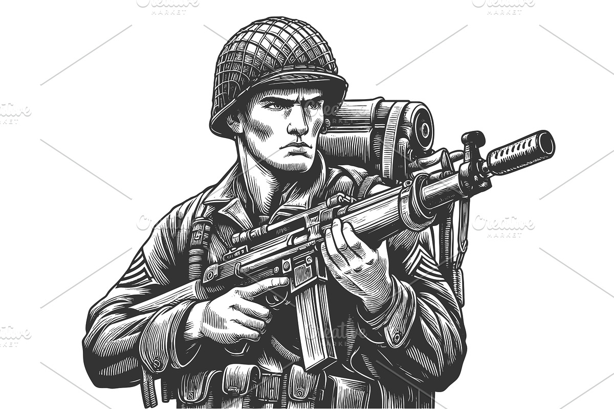 soldier with rifle engraving vector, an Illustration by AlexArt