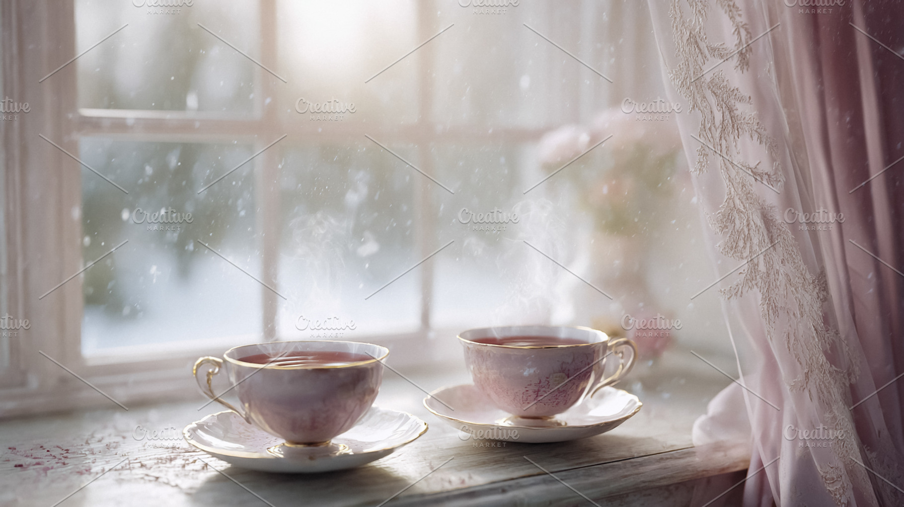 Two steaming tea cups on a window sill with falling snow, creati, a Photo by Studio ANNA