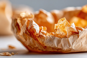Close-up of crumpled fast food paper wrapper, a Food & Drink Photo by AlyaAnd