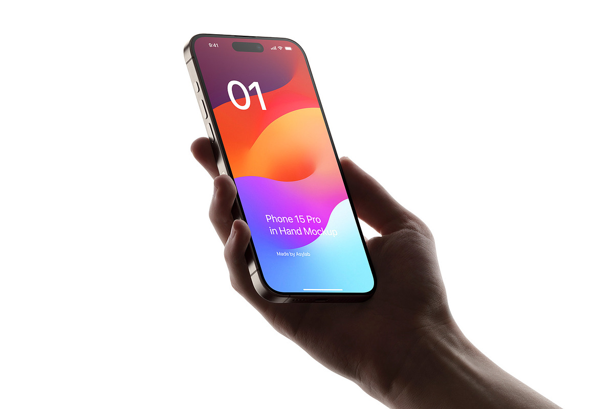 Phone 15 Pro Mockup in Hand, an iPhone Mockup by Asylab (Photo 1 of 4)