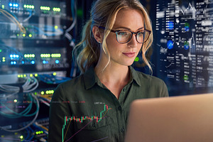 Professional female IT engineer (blonde woman in glasses) workin