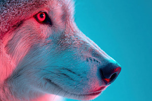Vibrant close-up of a wolf's face, an Animal Photo by AlyaAnd
