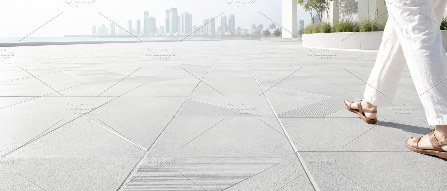 Walking on sunlit urban waterfront p, a Photo by Dvoevnore photos