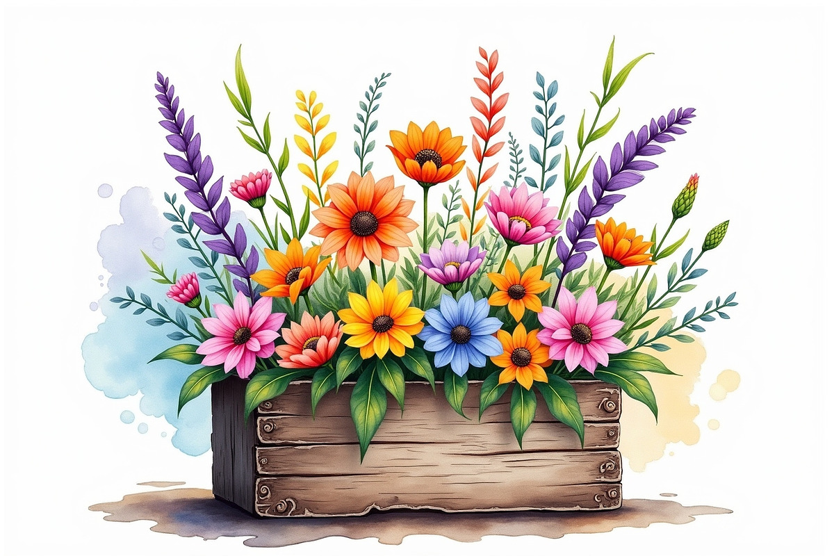 Wildflowers In Wooden Box Clipart Ki, an Illustration by hafijul (Photo 5 of 14)